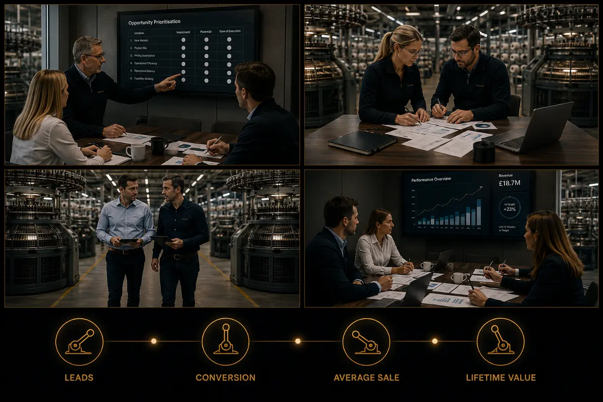 Leadership teams working through the four profit levers: leads, conversion, average sale and lifetime value
