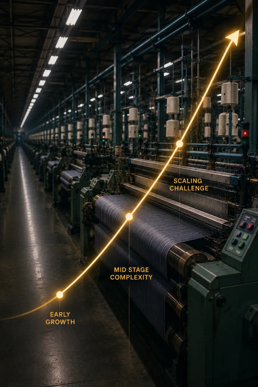 Textile manufacturing floor with a rising growth line showing mid-stage complexity and scaling challenge