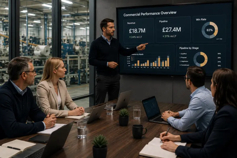 Leadership team reviewing a clear commercial performance dashboard