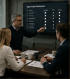 Commercial leader walking a team through opportunity prioritisation