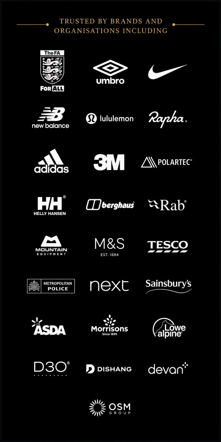 Brands and organisations Ben has worked with, including adidas, Nike, 3M, Helly Hansen, M&S and Tesco