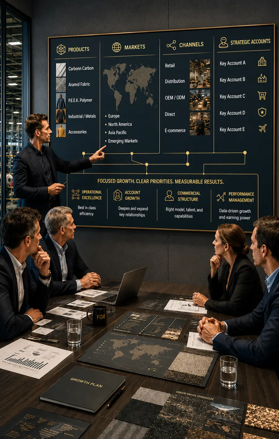 Leadership team reviewing products, markets, channels and strategic accounts on a commercial planning screen